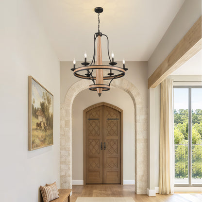 6-Light Vintage Farmhouse Wood-Grain and Black and Brown Iron Round Chandelier for Kitchen Island Pendant Light