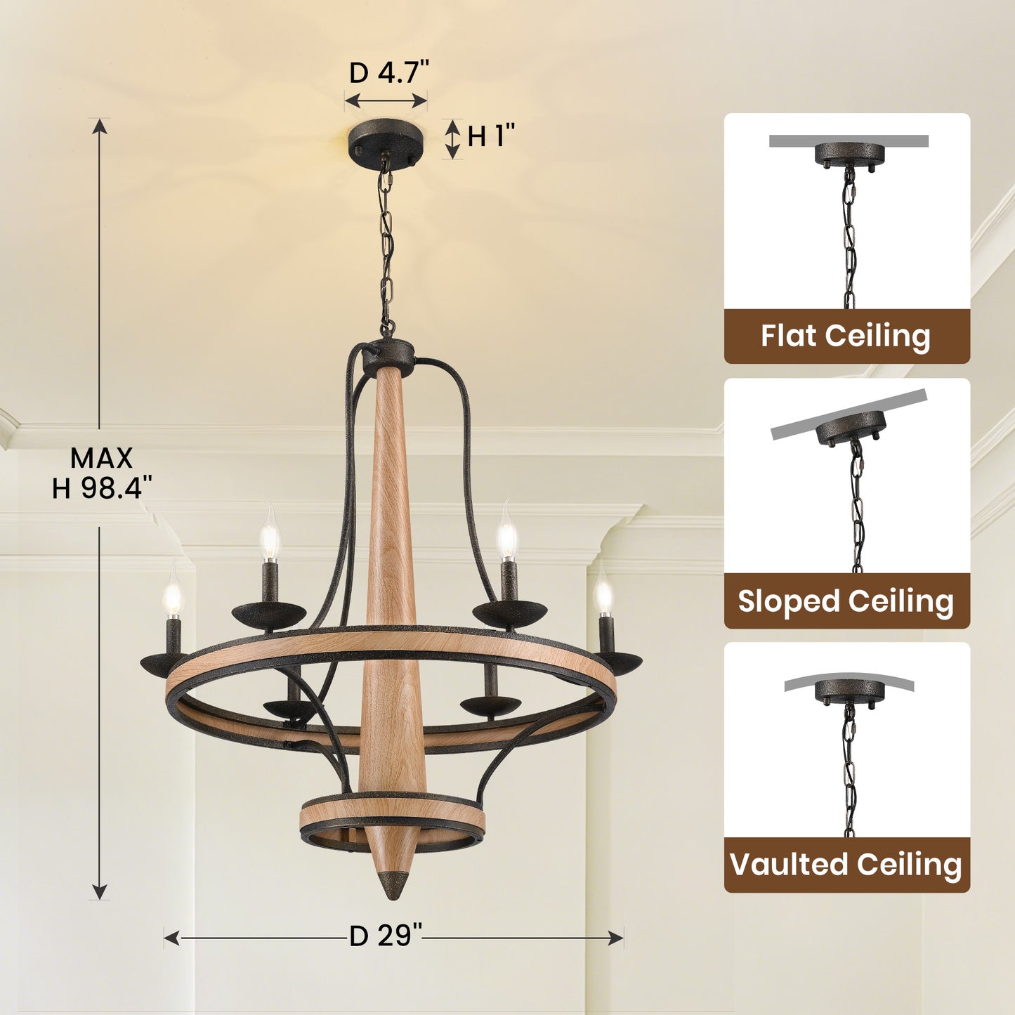 6-Light Vintage Farmhouse Wood-Grain and Black and Brown Iron Round Chandelier for Kitchen Island Pendant Light