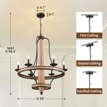 6-Light Vintage Farmhouse Wood-Grain and Black and Brown Iron Round Chandelier for Kitchen Island Pendant Light