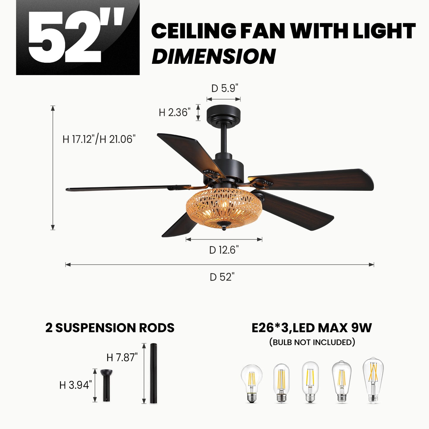Boho Black Rattan Ceiling Fans with Lights and Remote Control, Farmhouse Caged Rattan Ceiling Fan for Dining Room, Bedroom, Living Room and Patio, Indoor/Outdoor