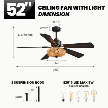 Boho Black Rattan Ceiling Fans with Lights and Remote Control, Farmhouse Caged Rattan Ceiling Fan for Dining Room, Bedroom, Living Room and Patio, Indoor/Outdoor