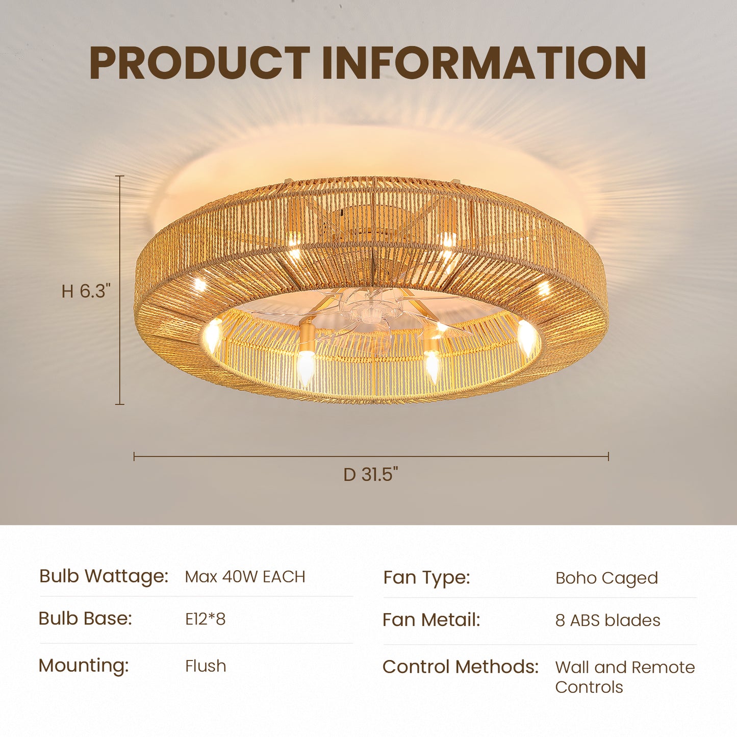 Caged Ceiling Fans with Light, Low Profile Fandelier Ceiling Fans with Light and Remote Control