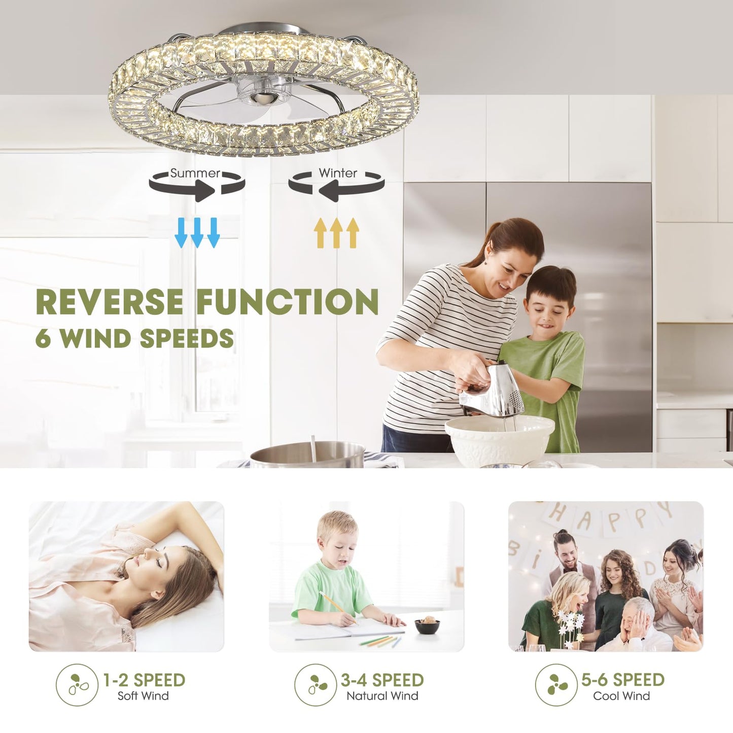 22 in. LED Smart Indoor Chrome Flush Mount Fandelier Low Profile Ceiling Fan with 3 Color Change and Remote Control