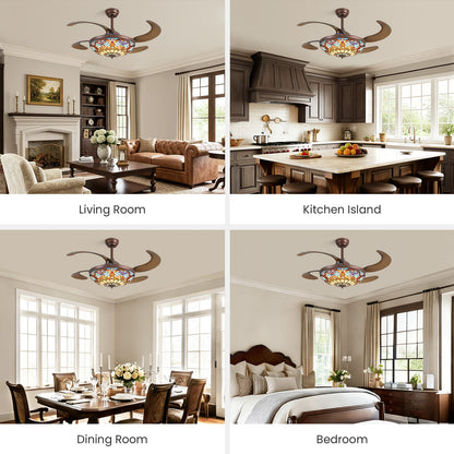 48 in etractable Fandelier Tiffany Ceiling Fan Chandelier with Lights Large Fandelier Stainglass Light Dimmable
