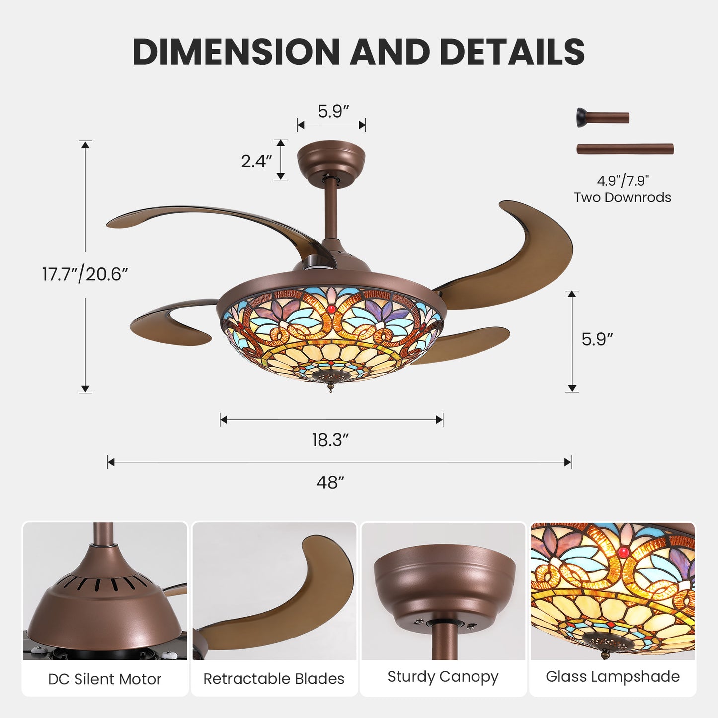 48 in etractable Fandelier Tiffany Ceiling Fan Chandelier with Lights Large Fandelier Stainglass Light Dimmable