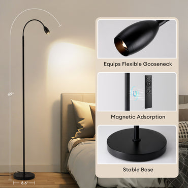 Reading Floor Lamp, Dimmable LED Floor Lamp with Remote, Standing Lamp with Flexible Gooseneck, Zoomable Spotlight, Reading Light, Task Crafting Tall Lamps for Living Room Office Bedroom