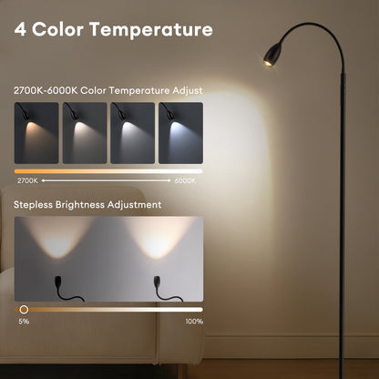 Reading Floor Lamp, Dimmable LED Floor Lamp with Remote, Standing Lamp with Flexible Gooseneck, Zoomable Spotlight, Reading Light, Task Crafting Tall Lamps for Living Room Office Bedroom