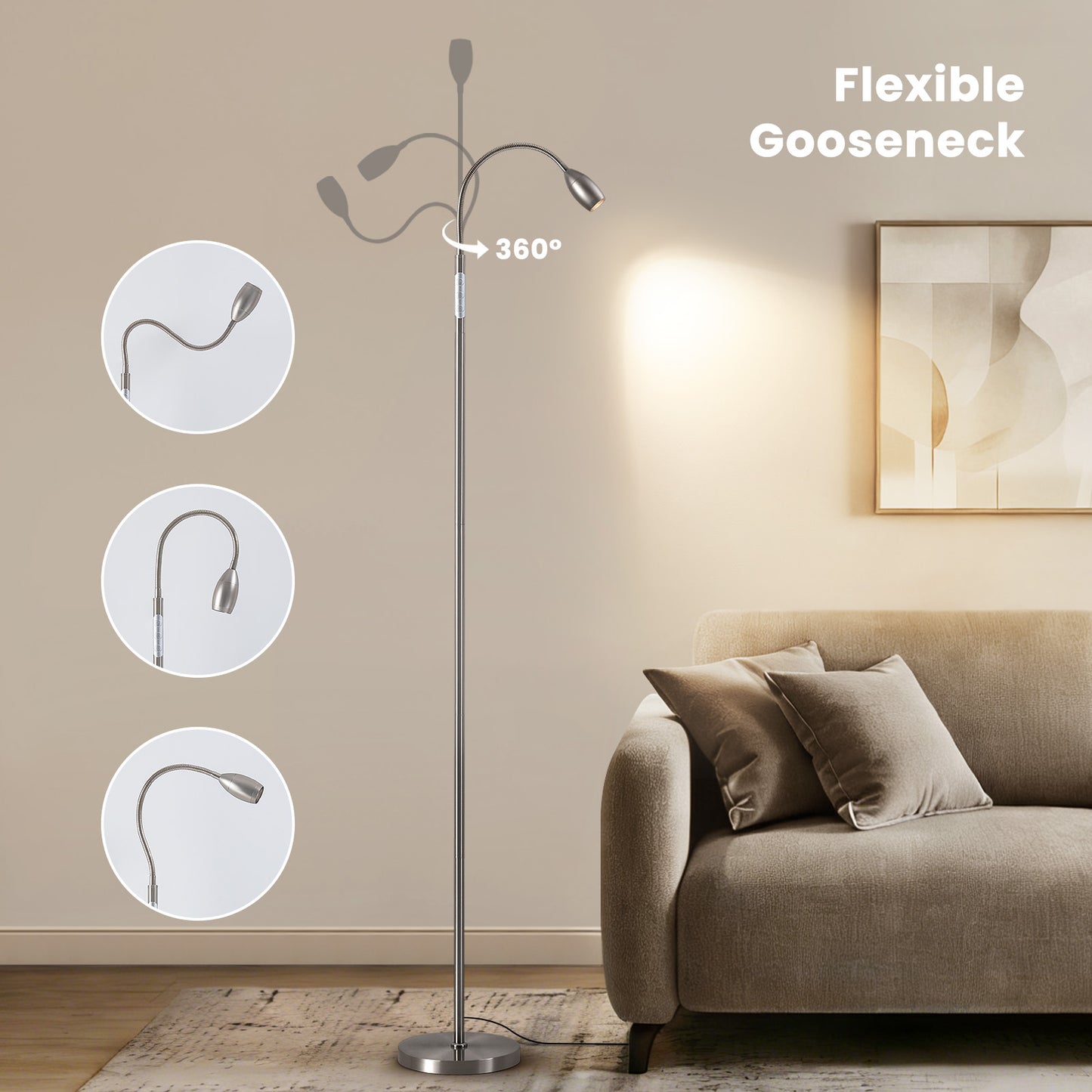 Reading Floor Lamp, Dimmable LED Floor Lamp with Remote, Standing Lamp with Flexible Gooseneck, Zoomable Spotlight, Reading Light, Task Crafting Tall Lamps for Living Room Office Bedroom(Nickel)