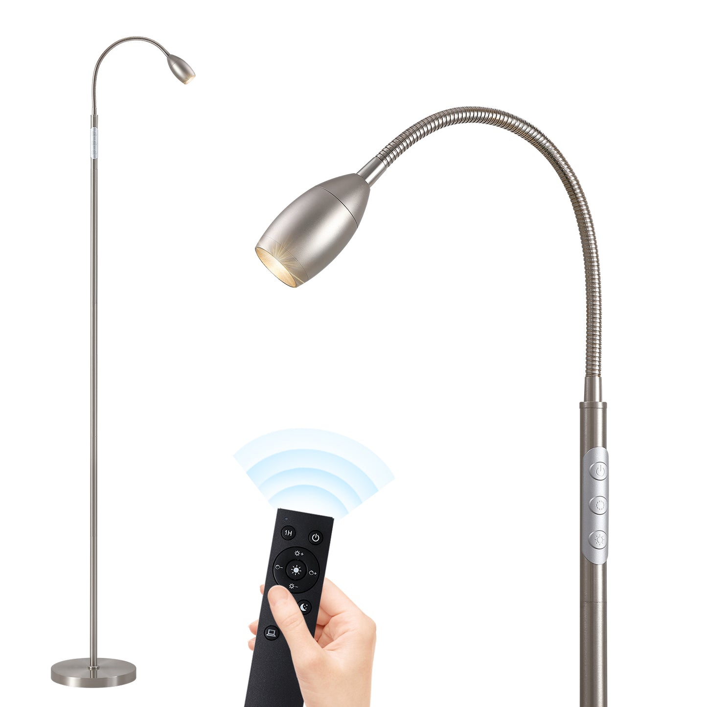 Reading Floor Lamp, Dimmable LED Floor Lamp with Remote, Standing Lamp with Flexible Gooseneck, Zoomable Spotlight, Reading Light, Task Crafting Tall Lamps for Living Room Office Bedroom(Nickel)