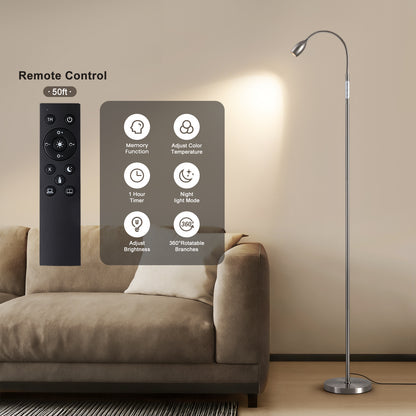 Reading Floor Lamp, Dimmable LED Floor Lamp with Remote, Standing Lamp with Flexible Gooseneck, Zoomable Spotlight, Reading Light, Task Crafting Tall Lamps for Living Room Office Bedroom(Nickel)