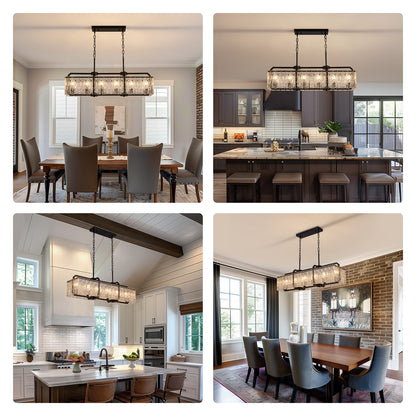 40in Rectangle Black Crystal Chandeliers for Dining Room,Water Ripple Glass Pendant Light