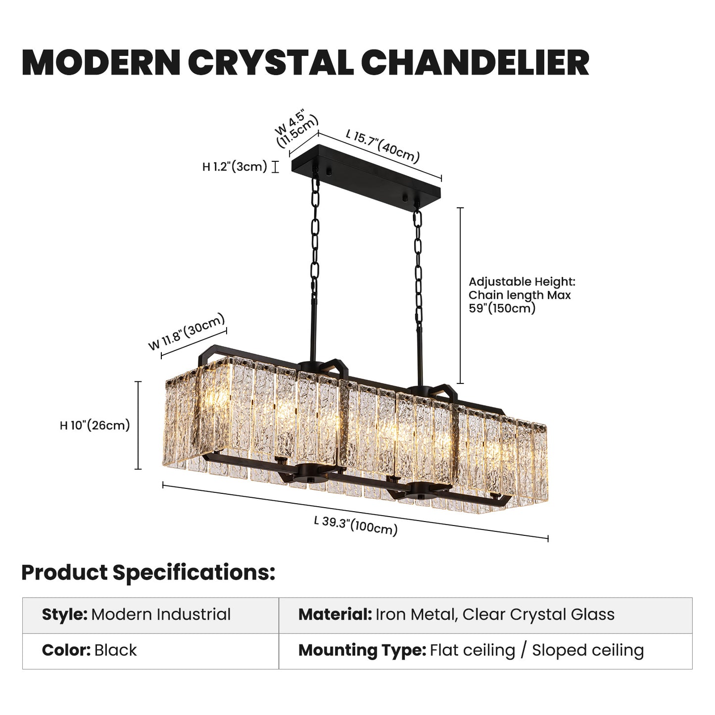 40in Rectangle Black Crystal Chandeliers for Dining Room,Water Ripple Glass Pendant Light
