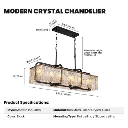 40in Rectangle Black Crystal Chandeliers for Dining Room,Water Ripple Glass Pendant Light