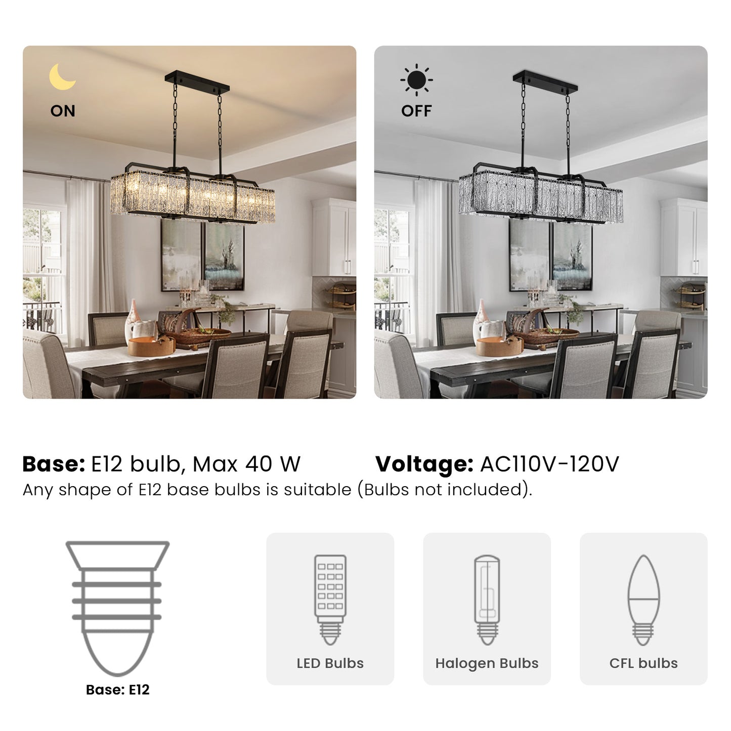 40in Rectangle Black Crystal Chandeliers for Dining Room,Water Ripple Glass Pendant Light