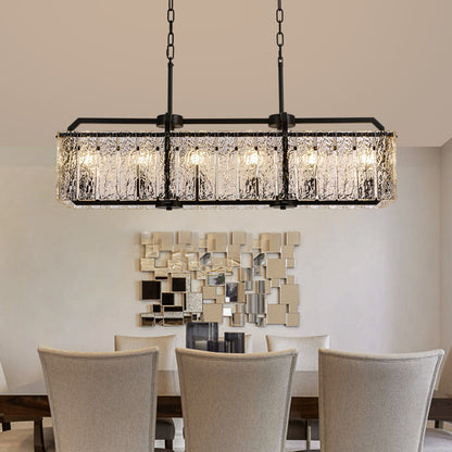 40in Rectangle Black Crystal Chandeliers for Dining Room,Water Ripple Glass Pendant Light