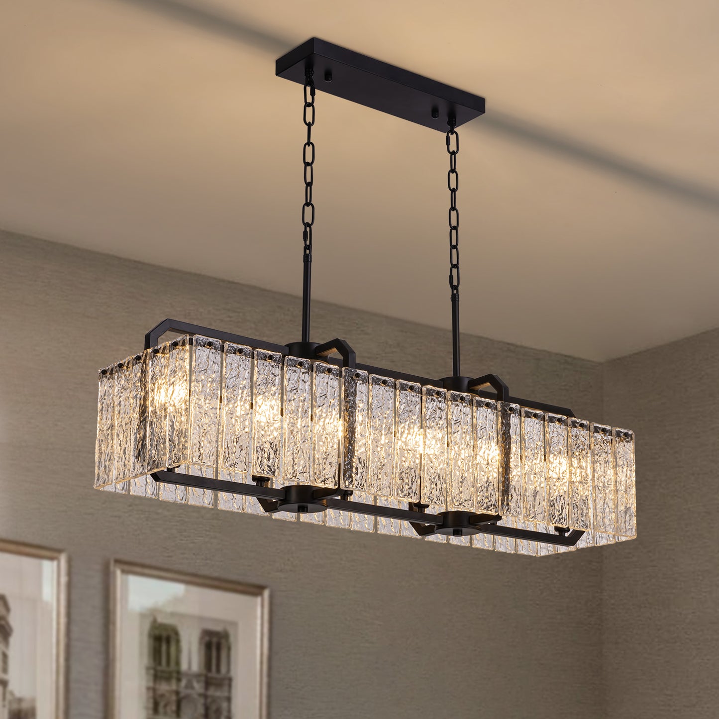 40in Rectangle Black Crystal Chandeliers for Dining Room,Water Ripple Glass Pendant Light