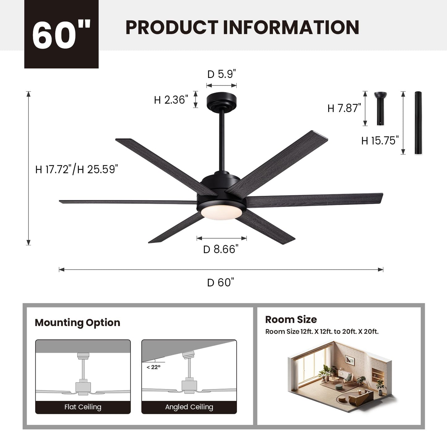 60in Smart Ceiling Fan with Reversible Wood & 6 Blades, APP & Remote Control