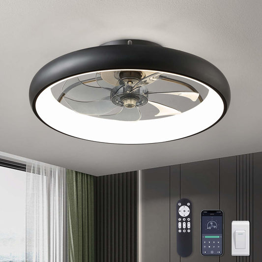 20 in. Smart Indoor Modern Black Round Low Profile Ceiling Fan with Dimmable LED with Remote Included for Bedroom