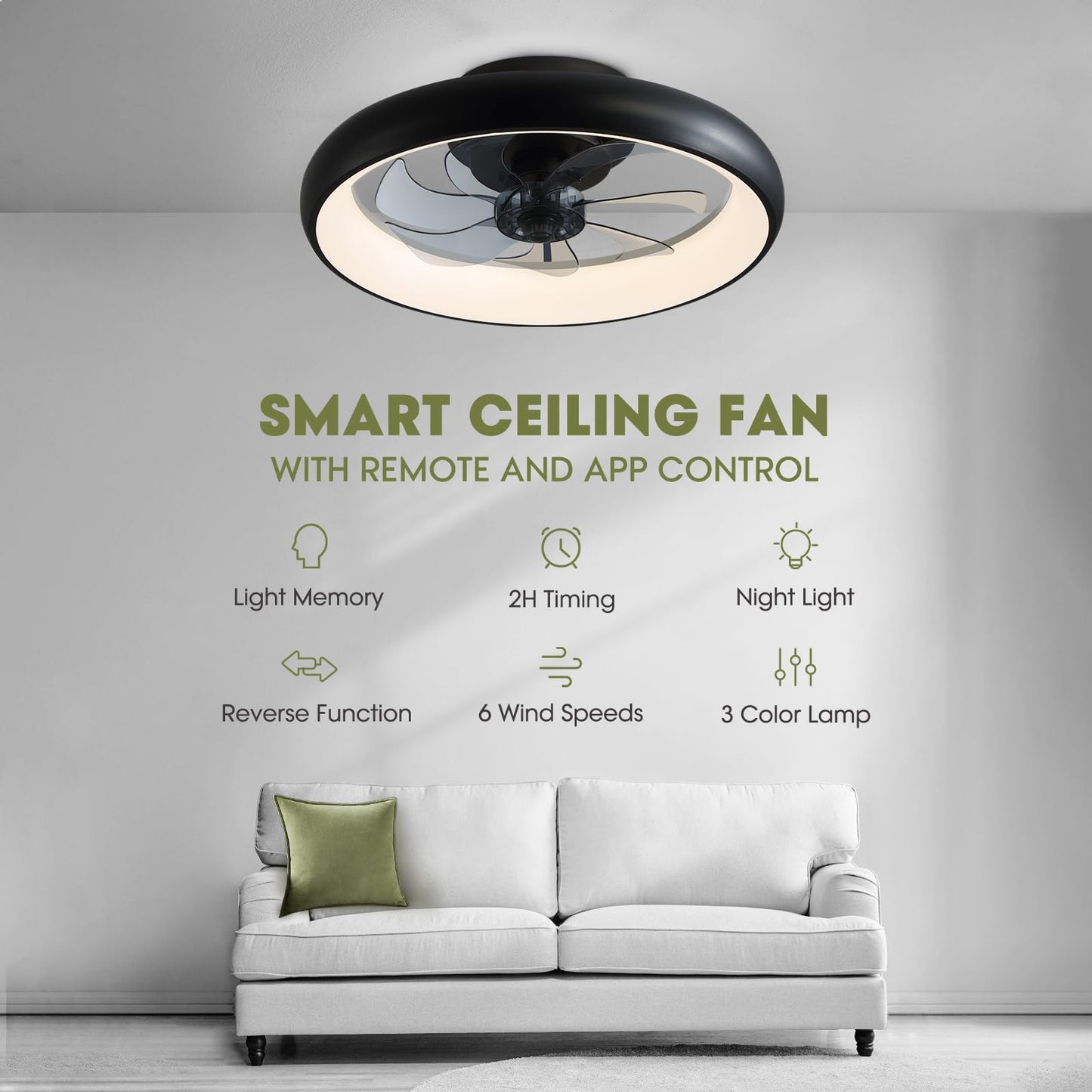 20 in. Smart Indoor Modern Black Round Low Profile Ceiling Fan with Dimmable LED with Remote Included for Bedroom