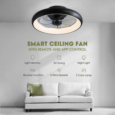 20 in. Smart Indoor Modern Black Round Low Profile Ceiling Fan with Dimmable LED with Remote Included for Bedroom