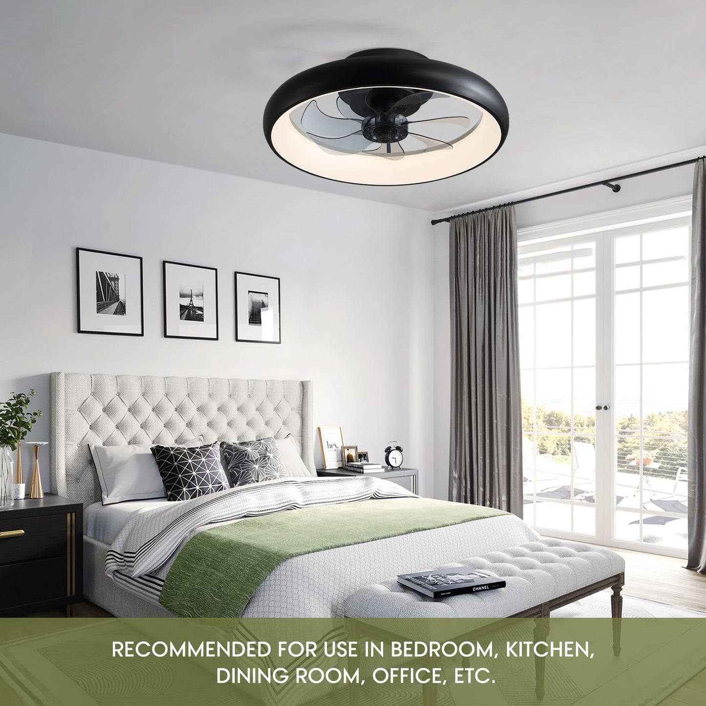 20 in. Smart Indoor Modern Black Round Low Profile Ceiling Fan with Dimmable LED with Remote Included for Bedroom