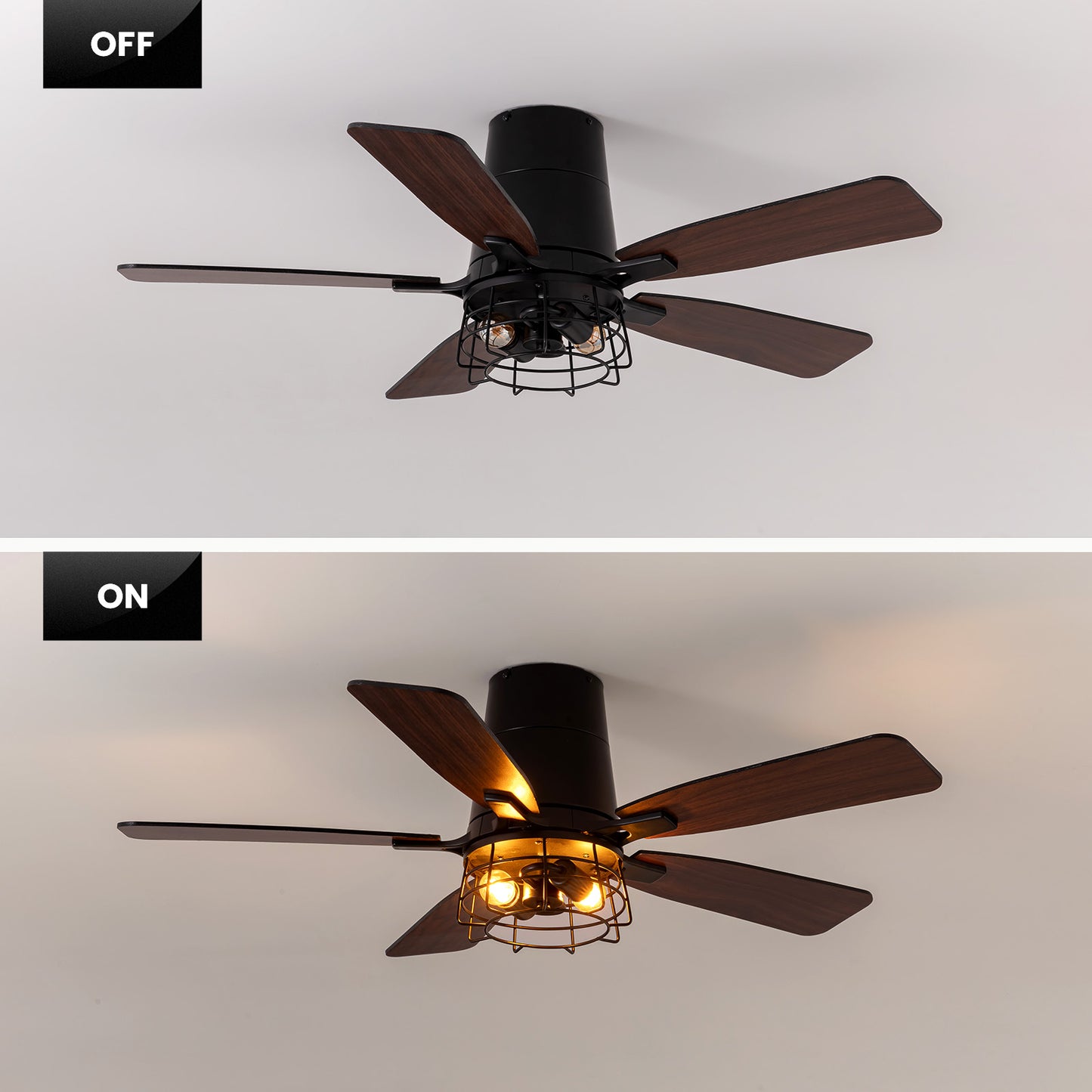 42 in. Indoor Black Flush Mount Fandelier Caged Ceiling Fan with Dual-Tone Blades Remote/Switch Control No Bulb Included
