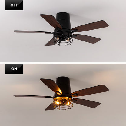 42 in. Indoor Black Flush Mount Fandelier Caged Ceiling Fan with Dual-Tone Blades Remote/Switch Control No Bulb Included