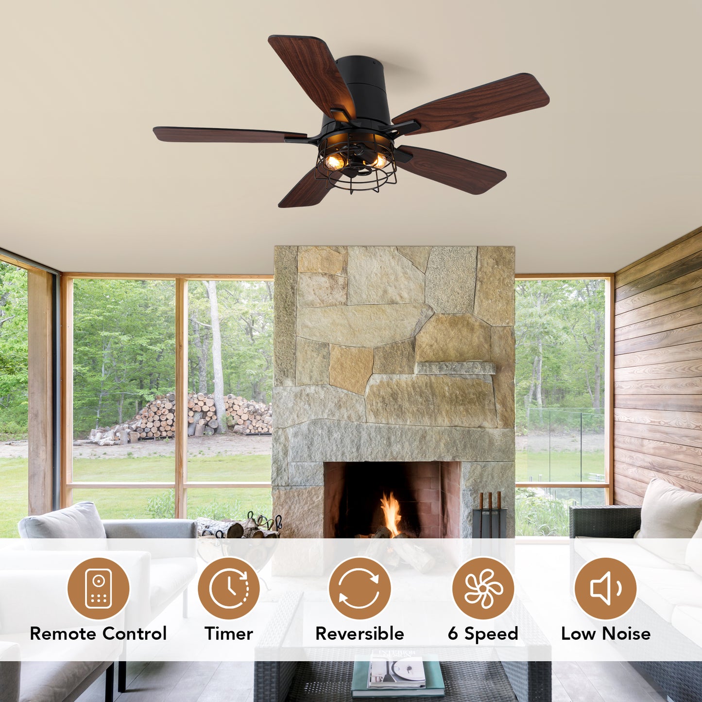 42 in. Indoor Black Flush Mount Fandelier Caged Ceiling Fan with Dual-Tone Blades Remote/Switch Control No Bulb Included