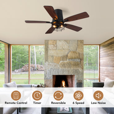 42 in. Indoor Black Flush Mount Fandelier Caged Ceiling Fan with Dual-Tone Blades Remote/Switch Control No Bulb Included