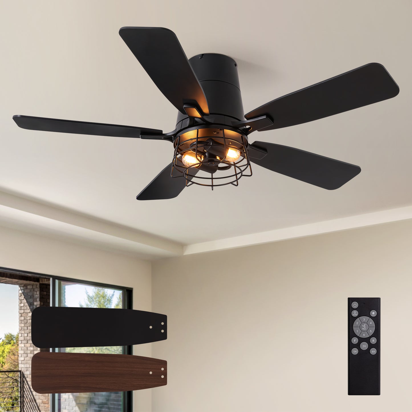 42 in. Indoor Black Flush Mount Fandelier Caged Ceiling Fan with Dual-Tone Blades Remote/Switch Control No Bulb Included