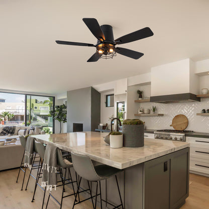 42 in. Indoor Black Flush Mount Fandelier Caged Ceiling Fan with Dual-Tone Blades Remote/Switch Control No Bulb Included