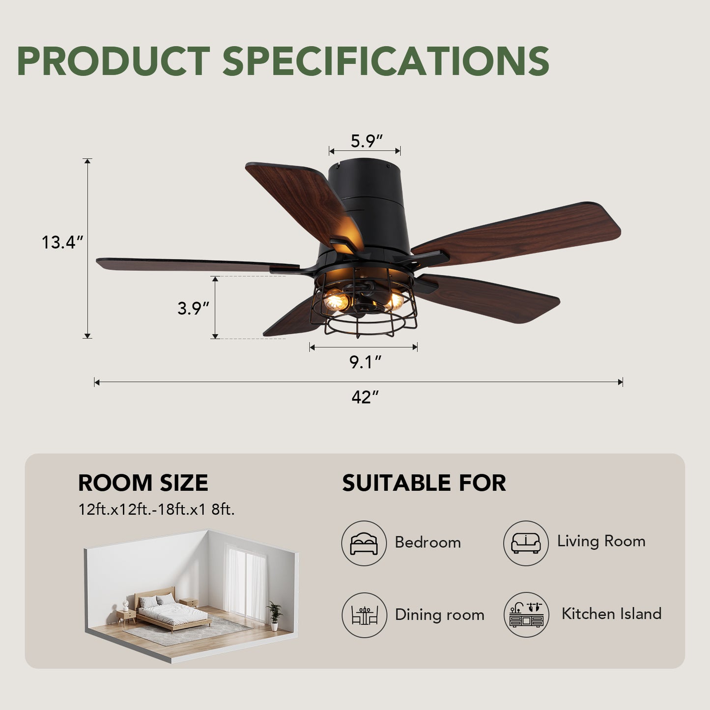 42 in. Indoor Black Flush Mount Fandelier Caged Ceiling Fan with Dual-Tone Blades Remote/Switch Control No Bulb Included