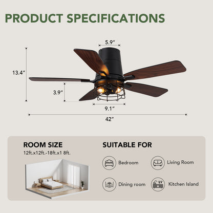 42 in. Indoor Black Flush Mount Fandelier Caged Ceiling Fan with Dual-Tone Blades Remote/Switch Control No Bulb Included