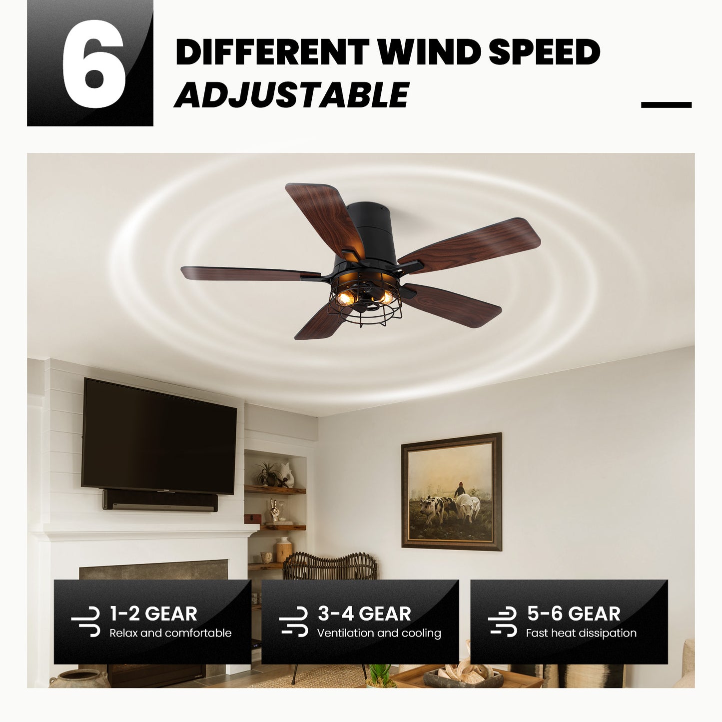 42 in. Indoor Black Flush Mount Fandelier Caged Ceiling Fan with Dual-Tone Blades Remote/Switch Control No Bulb Included