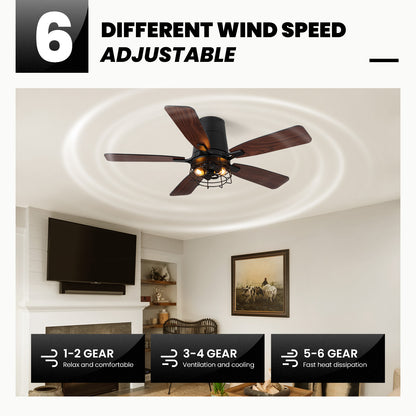 42 in. Indoor Black Flush Mount Fandelier Caged Ceiling Fan with Dual-Tone Blades Remote/Switch Control No Bulb Included