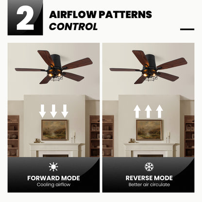 42 in. Indoor Black Flush Mount Fandelier Caged Ceiling Fan with Dual-Tone Blades Remote/Switch Control No Bulb Included