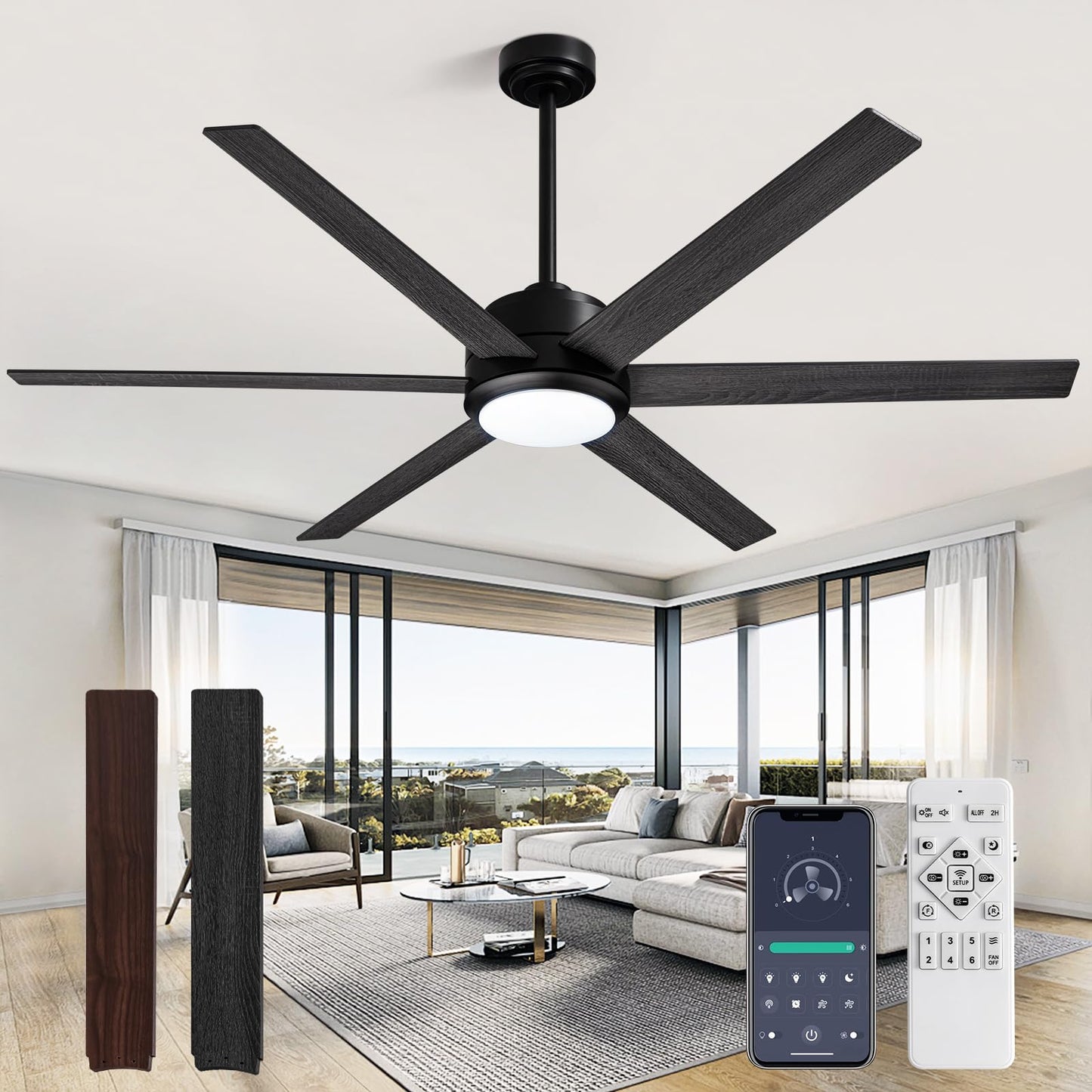 60in Smart Ceiling Fan with Reversible Wood & 6 Blades, APP & Remote Control
