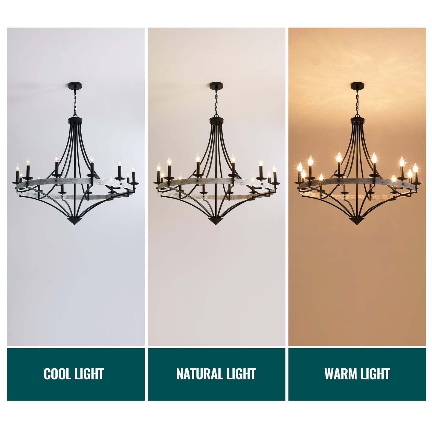 40 in. 12-Light Black Candle Style Dimmable Wagon Wheel Chandelier for Dining Room and Living Room