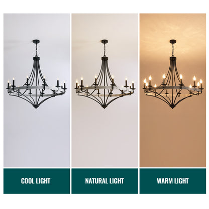 40 in. 12-Light Black Candle Style Dimmable Wagon Wheel Chandelier for Dining Room and Living Room