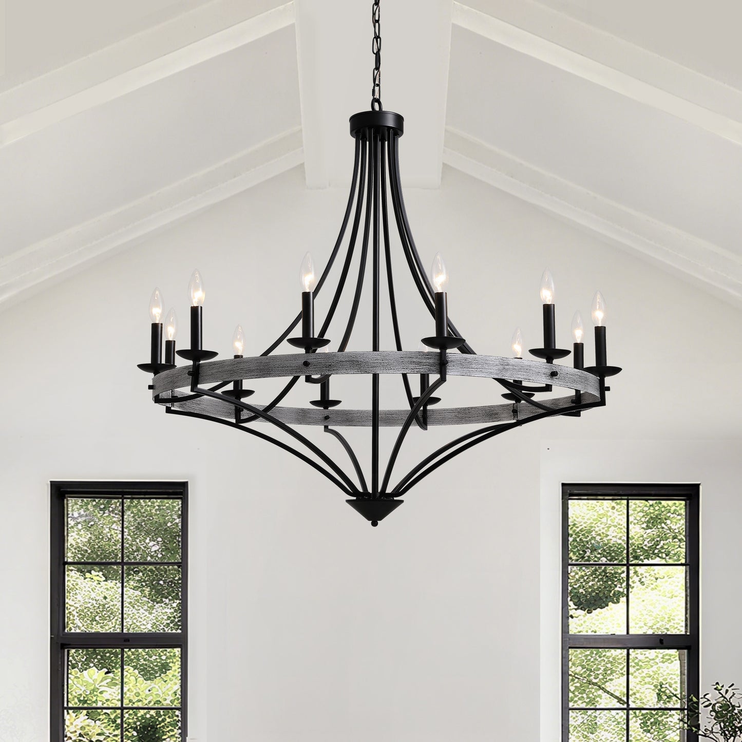 40 in. 12-Light Black Candle Style Dimmable Wagon Wheel Chandelier for Dining Room and Living Room