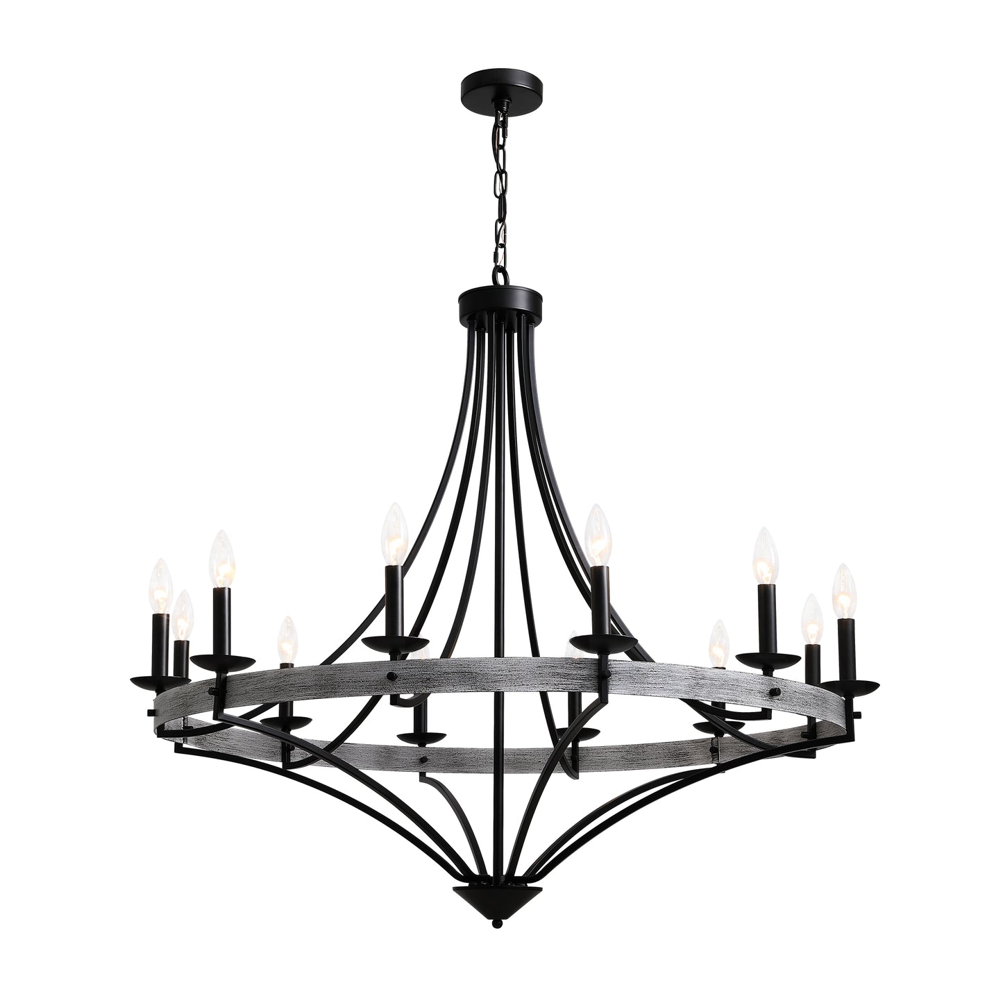 40 in. 12-Light Black Candle Style Dimmable Wagon Wheel Chandelier for Dining Room and Living Room