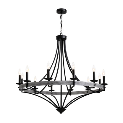 40 in. 12-Light Black Candle Style Dimmable Wagon Wheel Chandelier for Dining Room and Living Room