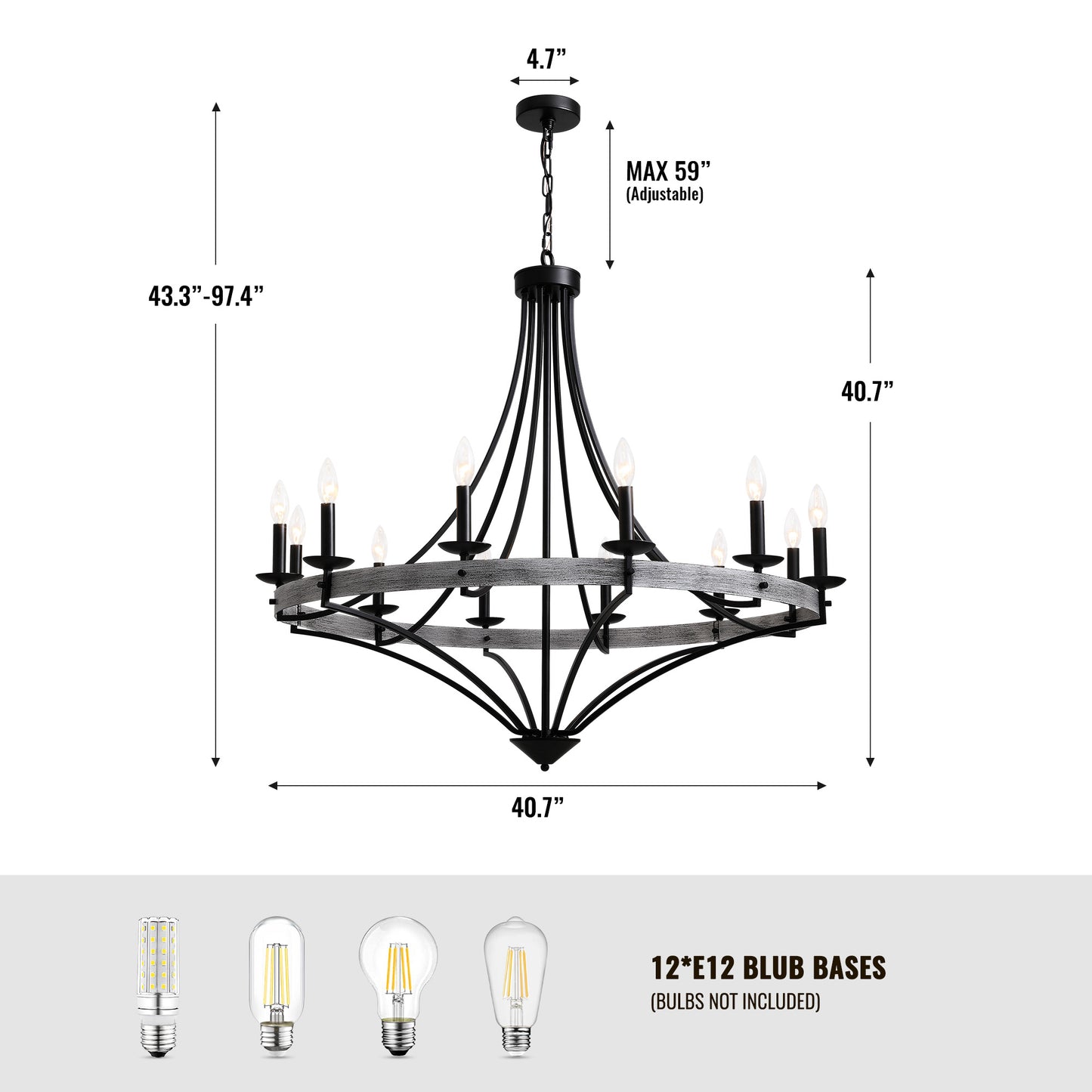 40 in. 12-Light Black Candle Style Dimmable Wagon Wheel Chandelier for Dining Room and Living Room