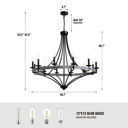 40 in. 12-Light Black Candle Style Dimmable Wagon Wheel Chandelier for Dining Room and Living Room