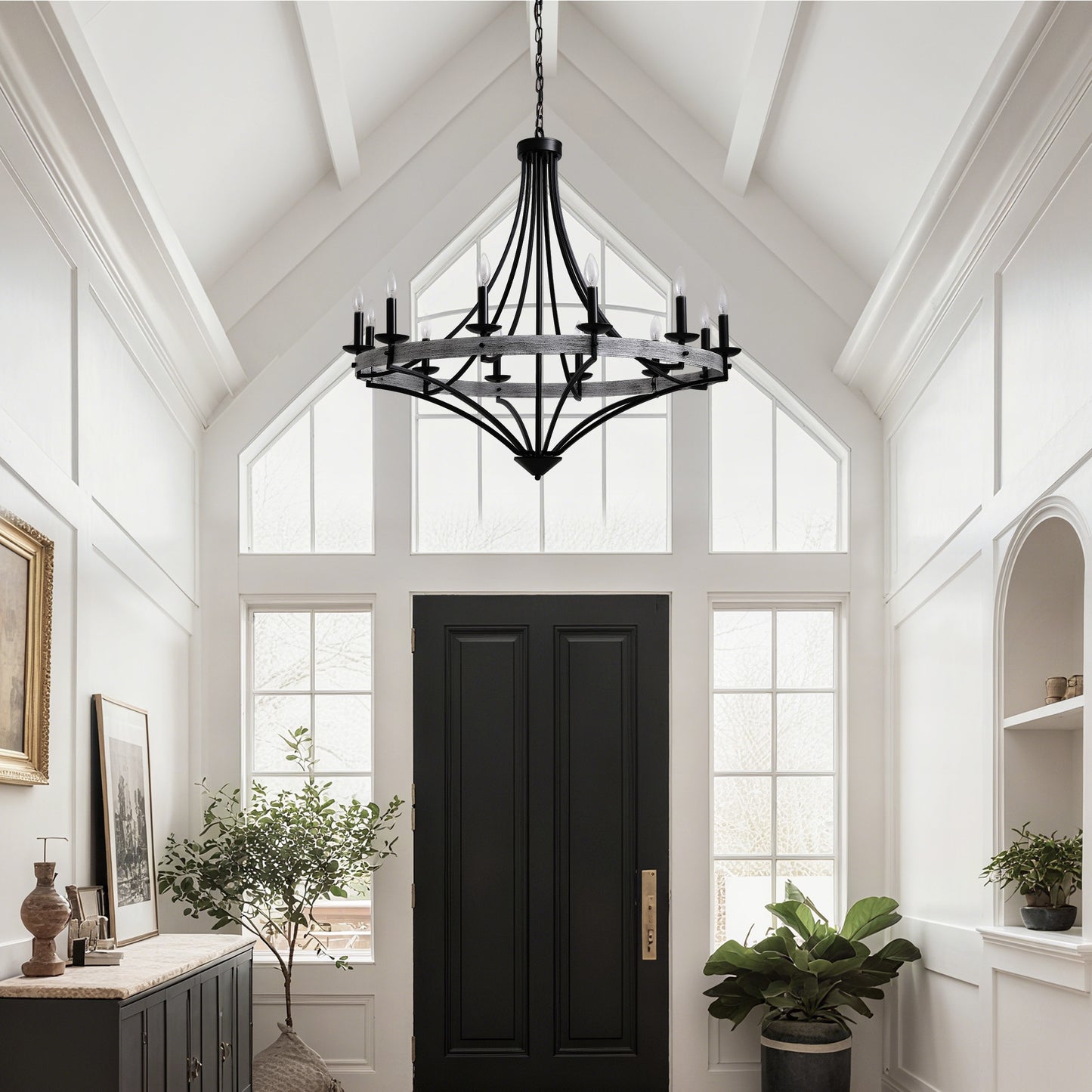 40 in. 12-Light Black Candle Style Dimmable Wagon Wheel Chandelier for Dining Room and Living Room
