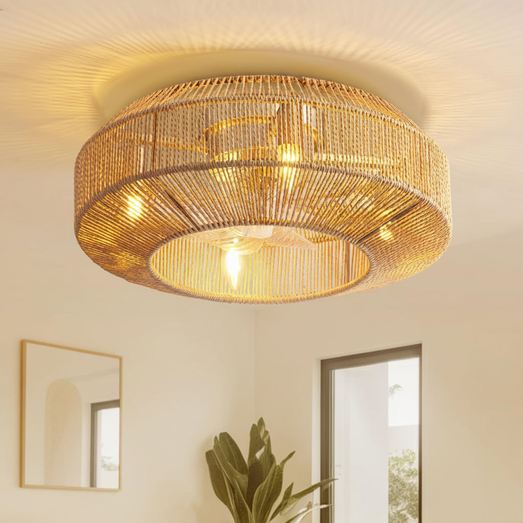 Boho 20 in. Indoor Gold Rattan Caged Low Profile Ceiling Fan with Remote Included with No Bulbs Included