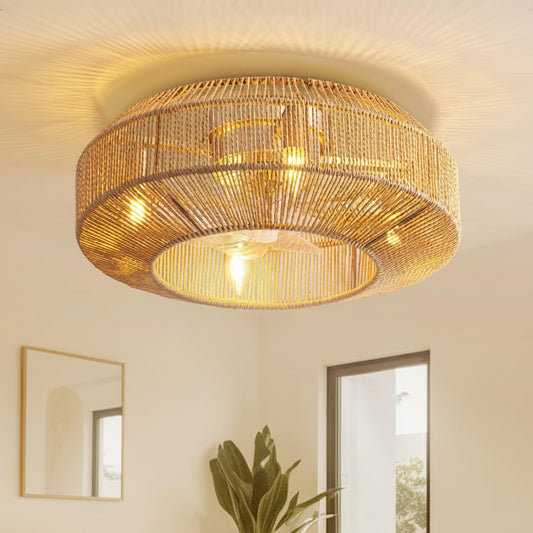Boho 20 in. Indoor Gold Rattan Caged Low Profile Ceiling Fan with Remote Included with No Bulbs Included