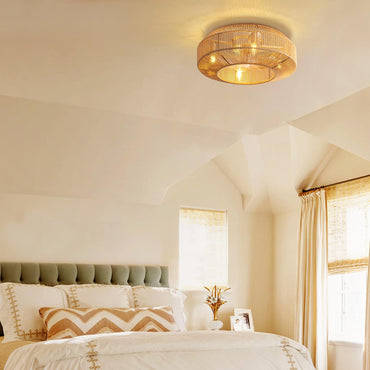 Boho 20 in. Indoor Gold Rattan Caged Low Profile Ceiling Fan with Remote Included with No Bulbs Included
