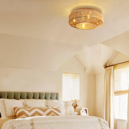Boho 20 in. Indoor Gold Rattan Caged Low Profile Ceiling Fan with Remote Included with No Bulbs Included