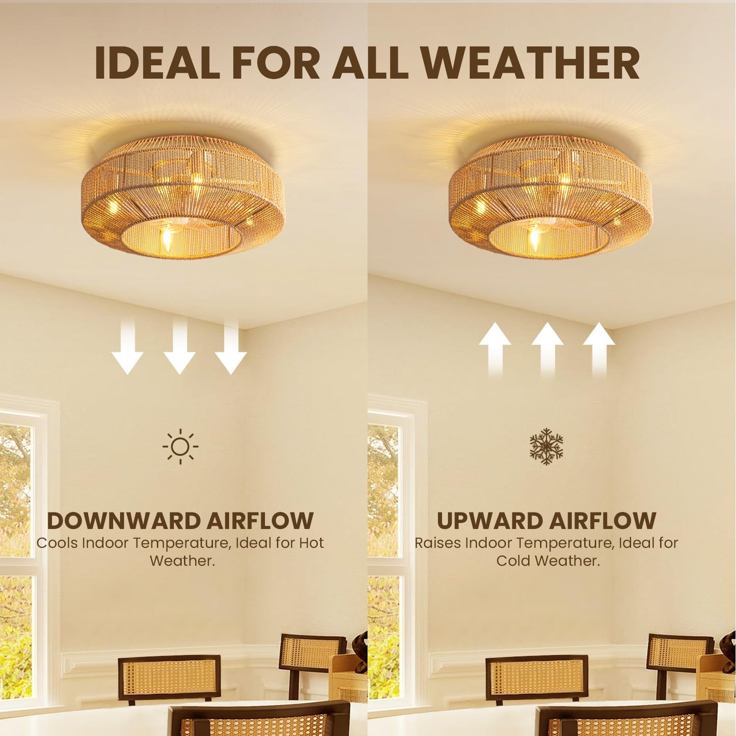Boho 20 in. Indoor Gold Rattan Caged Low Profile Ceiling Fan with Remote Included with No Bulbs Included